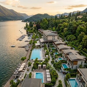 Vista aerea di un lussuoso resort a cinque stelle con piscine e ville esclusive situato tra un lago sereno e un parco lussureggiante in Lombardia.