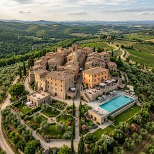 Vista aerea di un borgo medievale toscano trasformato in un lussuoso resort con piscina a sfioro e giardini curati.