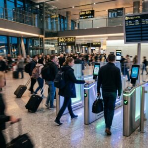 Viaggiatori visti di spalle attraversano un moderno gate biometrico in un aeroporto, simboleggiando un'esperienza di viaggio fluida e tecnologica.