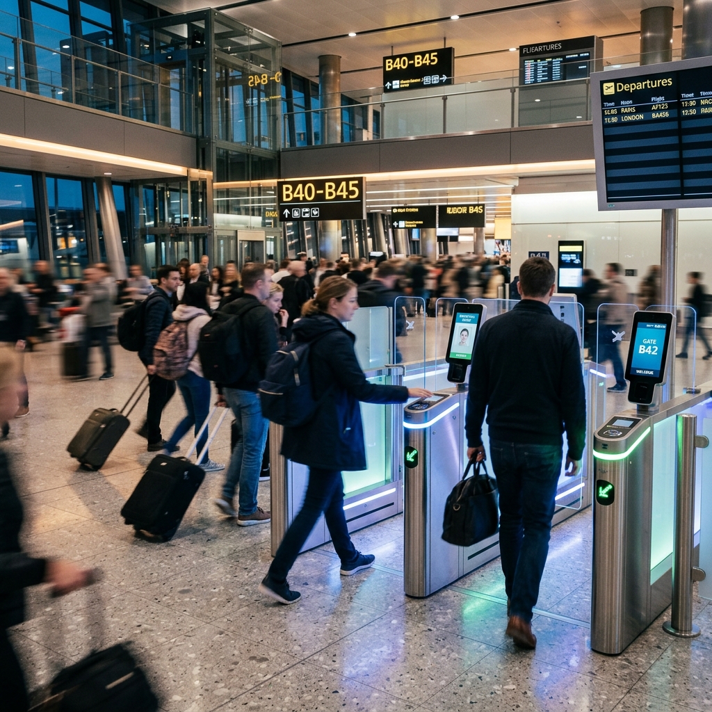 Viaggiatori visti di spalle attraversano un moderno gate biometrico in un aeroporto, simboleggiando un'esperienza di viaggio fluida e tecnologica.