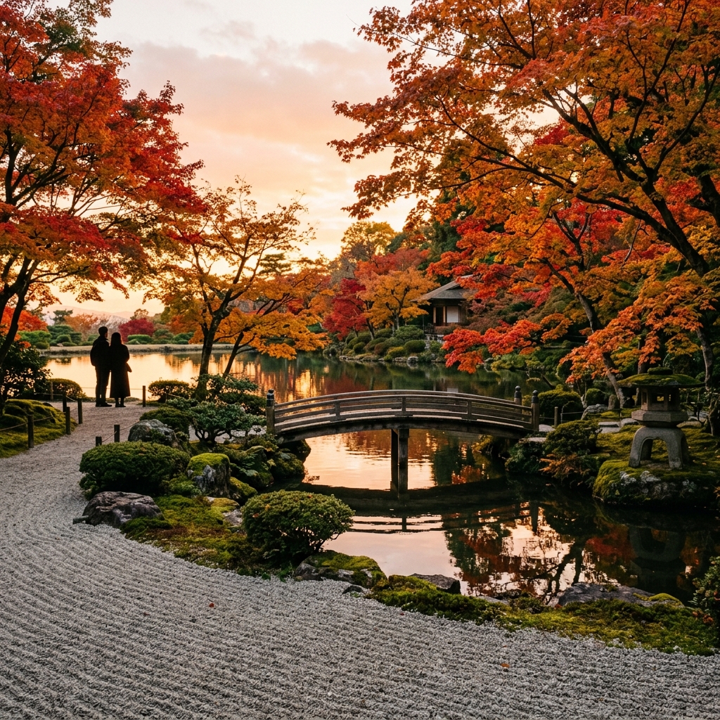 Coppia di spalle che osserva un tradizionale giardino giapponese con aceri rossi in autunno.