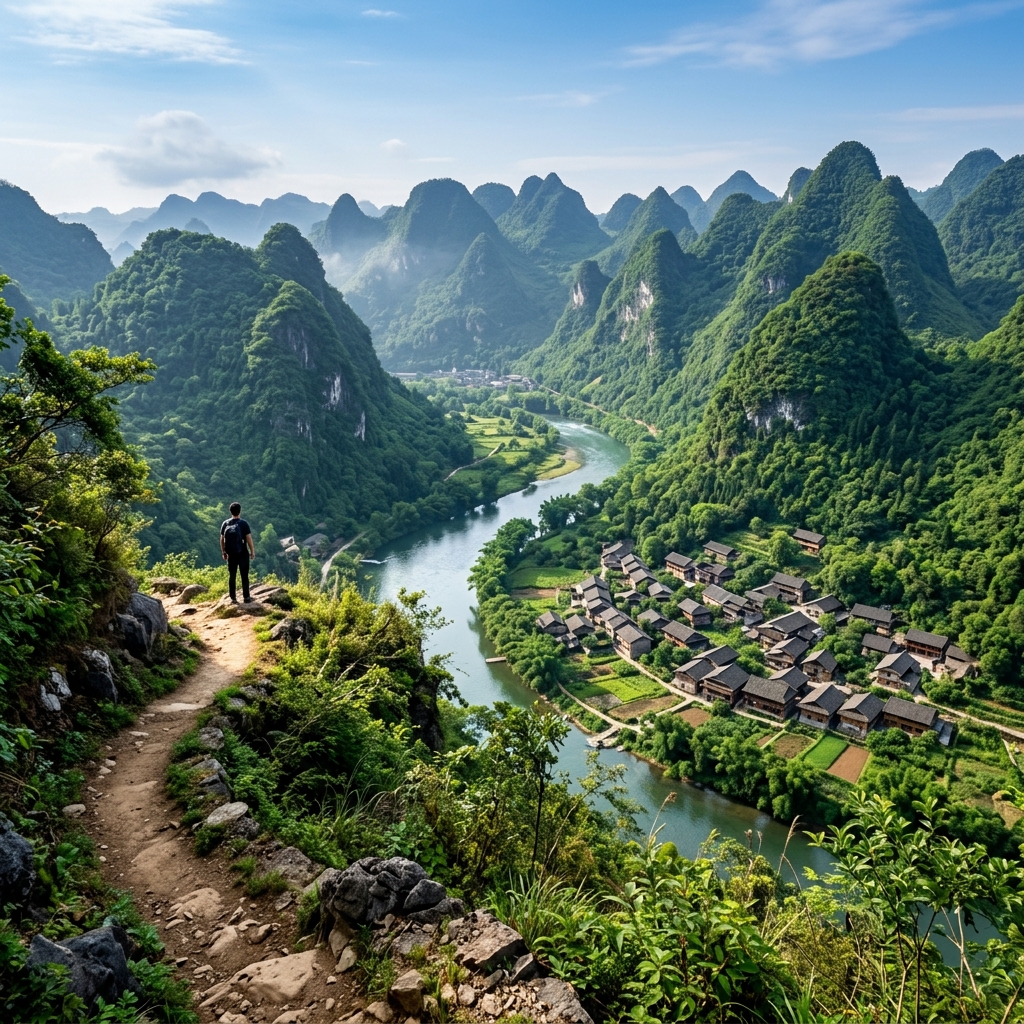 Paesaggio montano verdeggiante con un fiume sereno e case tradizionali di un villaggio nella provincia di Hunan, Cina. Una persona è visibile in lontananza su un sentiero.