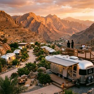 Resort di lusso con caravan Airstream posizionate tra le maestose montagne Hajar negli Emirati Arabi Uniti, con il sole al tramonto e figure umane distanti. (Immagine generata con IA)