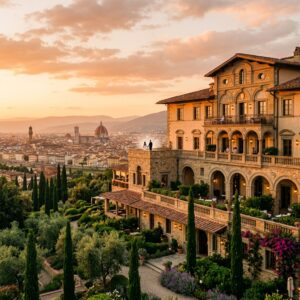 Facciata di un lussuoso resort sulle colline fiorentine con architettura elegante e giardini curati, illuminato dalla luce del tramonto.