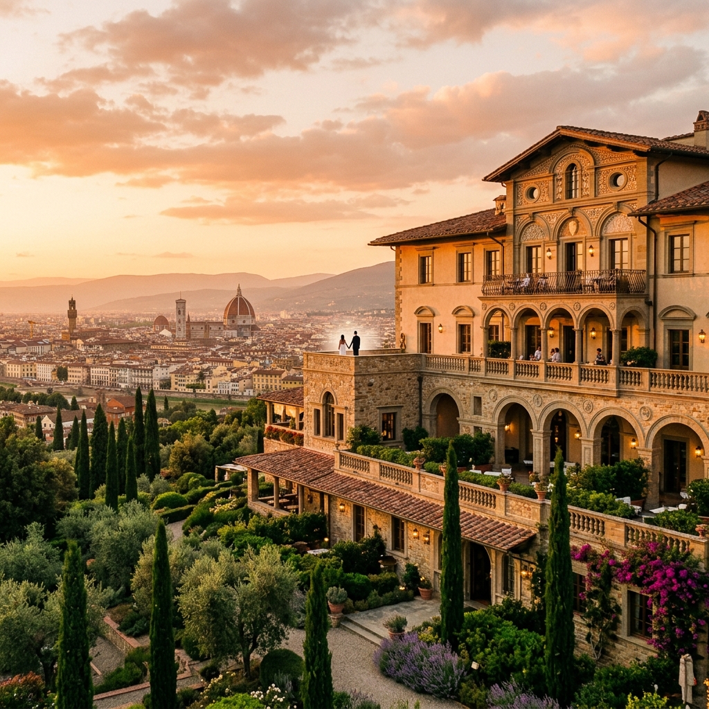 Facciata di un lussuoso resort sulle colline fiorentine con architettura elegante e giardini curati, illuminato dalla luce del tramonto.