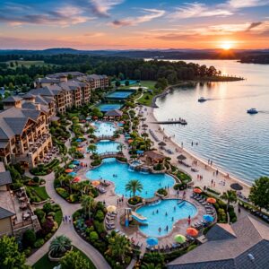 Vista aerea di un lussuoso resort fronte lago con piscine e giardini rigogliosi, al tramonto.