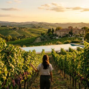Un lussuoso wine resort tra i vigneti della Toscana al tramonto, con una persona di spalle che osserva le viti. (Immagine generata con IA)