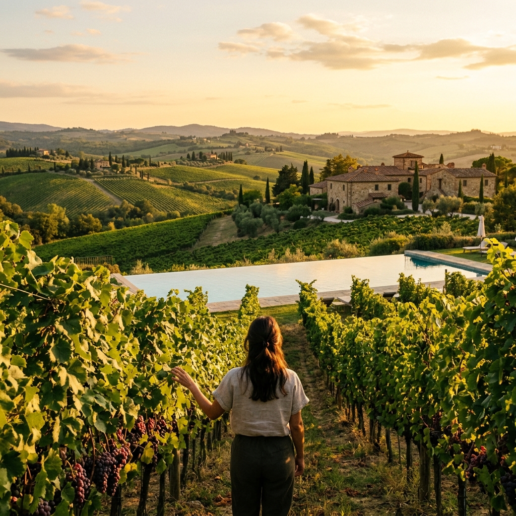 Un lussuoso wine resort tra i vigneti della Toscana al tramonto, con una persona di spalle che osserva le viti. (Immagine generata con IA)