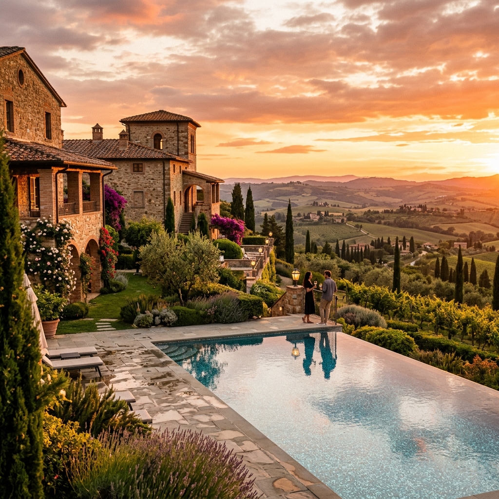 Resort di lusso con architettura in pietra e piscina a sfioro nella campagna toscana al tramonto. (Immagine generata con IA)
