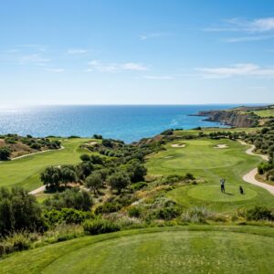 Un golfista ripreso di spalle mentre si prepara a tirare su un lussureggiante campo da golf del Verdura Resort, con il mare Mediterraneo sullo sfondo.