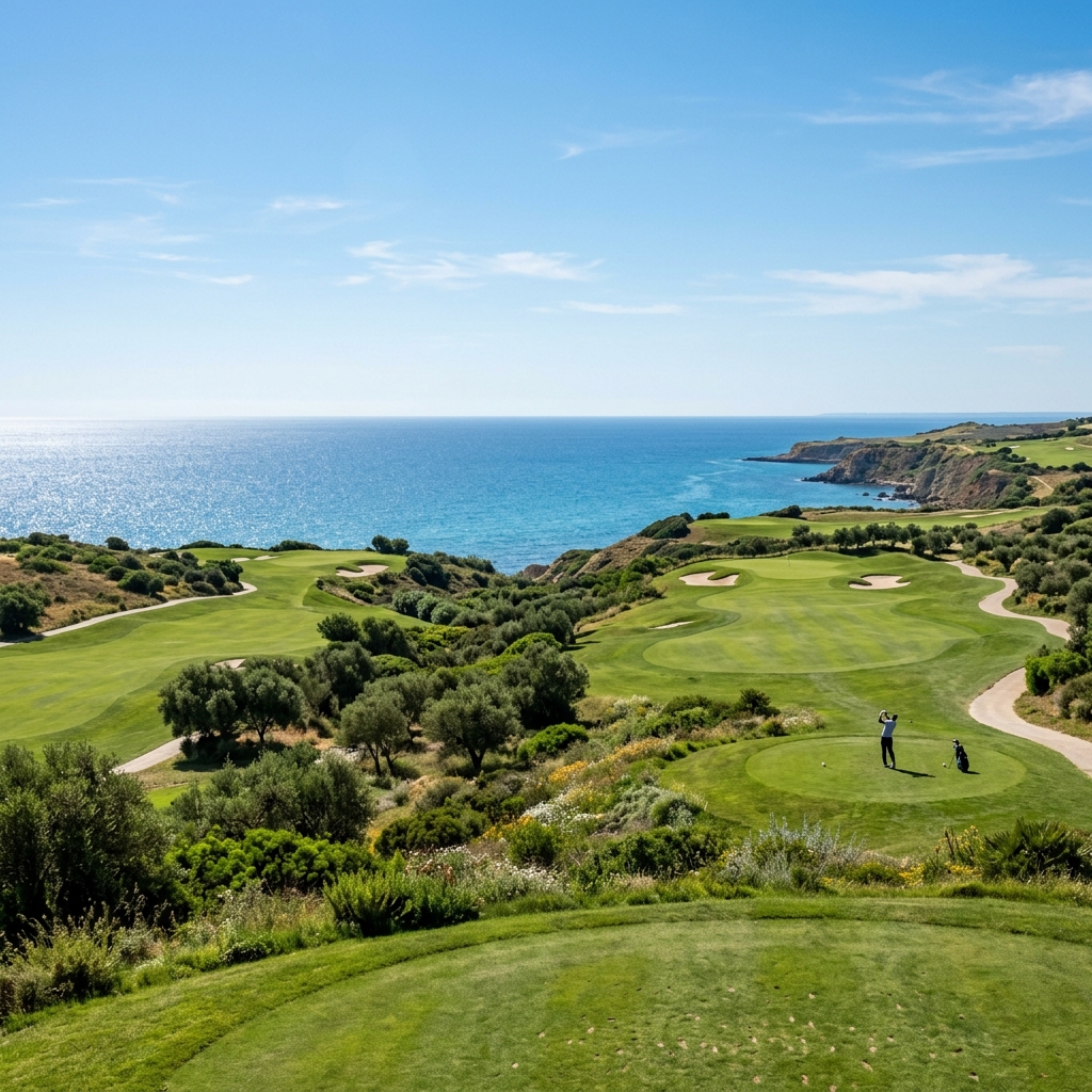 Un golfista ripreso di spalle mentre si prepara a tirare su un lussureggiante campo da golf del Verdura Resort, con il mare Mediterraneo sullo sfondo.