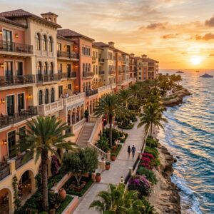 Facciata di un lussuoso resort in Florida con architettura ispirata alla Riviera Italiana, affacciato su un mare scintillante al tramonto.