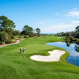 Campo da golf par-3 lussureggiante con bunker di sabbia e specchio d'acqua, parte di un resort a Myrtle Beach.
