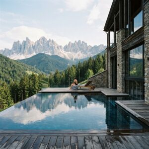 Piscina panoramica esterna di un lussuoso resort di montagna in Alto Adige, con vista sulle vette alpine e una persona di spalle che osserva il paesaggio. (Immagine generata con IA)