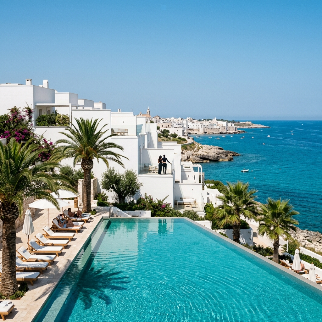 Resort di lusso con architettura moderna affacciato sul mare Adriatico a Monopoli.