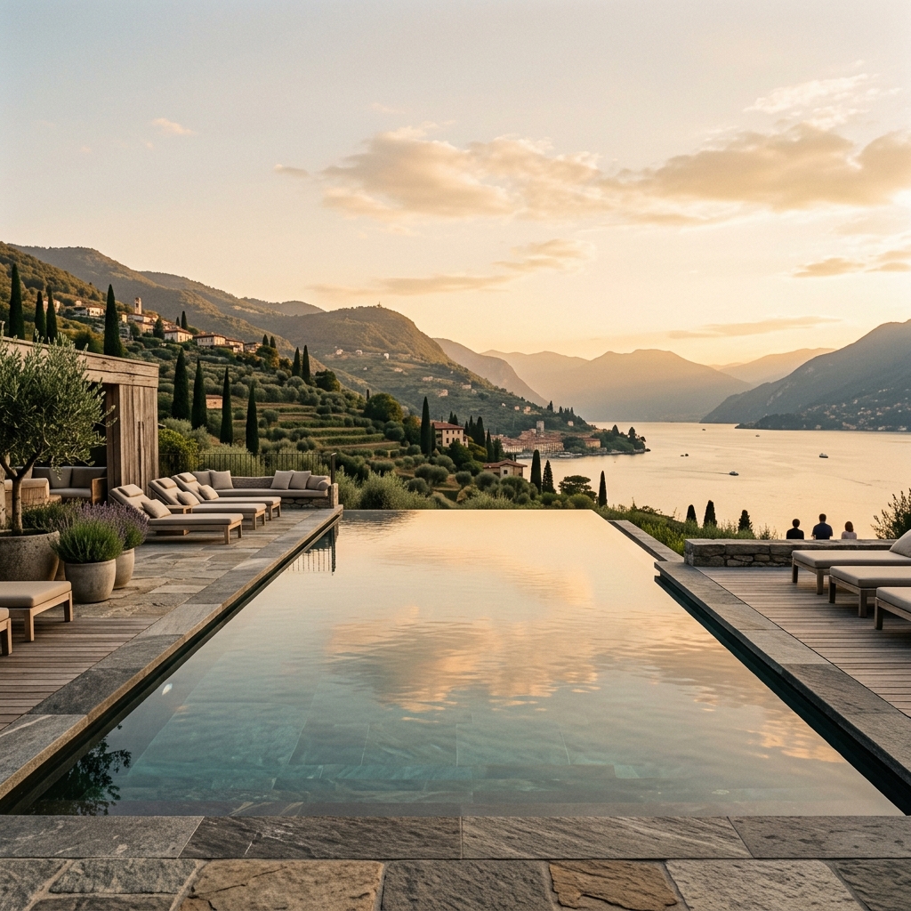 Piscina a sfioro esterna di un lussuoso resort spa italiano con vista su un lago e colline mediterranee.