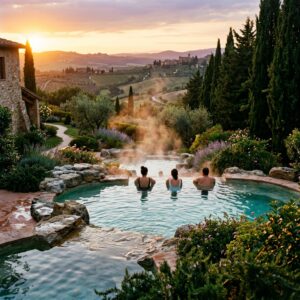 Piscina termale esterna di lusso in un resort italiano, circondata da giardini mediterranei e con una vista sulle colline al tramonto.