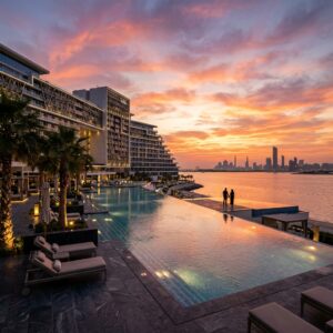 Piscina a sfioro di un lussuoso resort con architettura moderna al tramonto, con silhouette di persone in lontananza. (Immagine generata con IA)