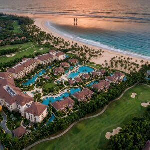Vista aerea di un lussuoso resort integrato in Vietnam con campi da golf, piscine e spiaggia al tramonto.
