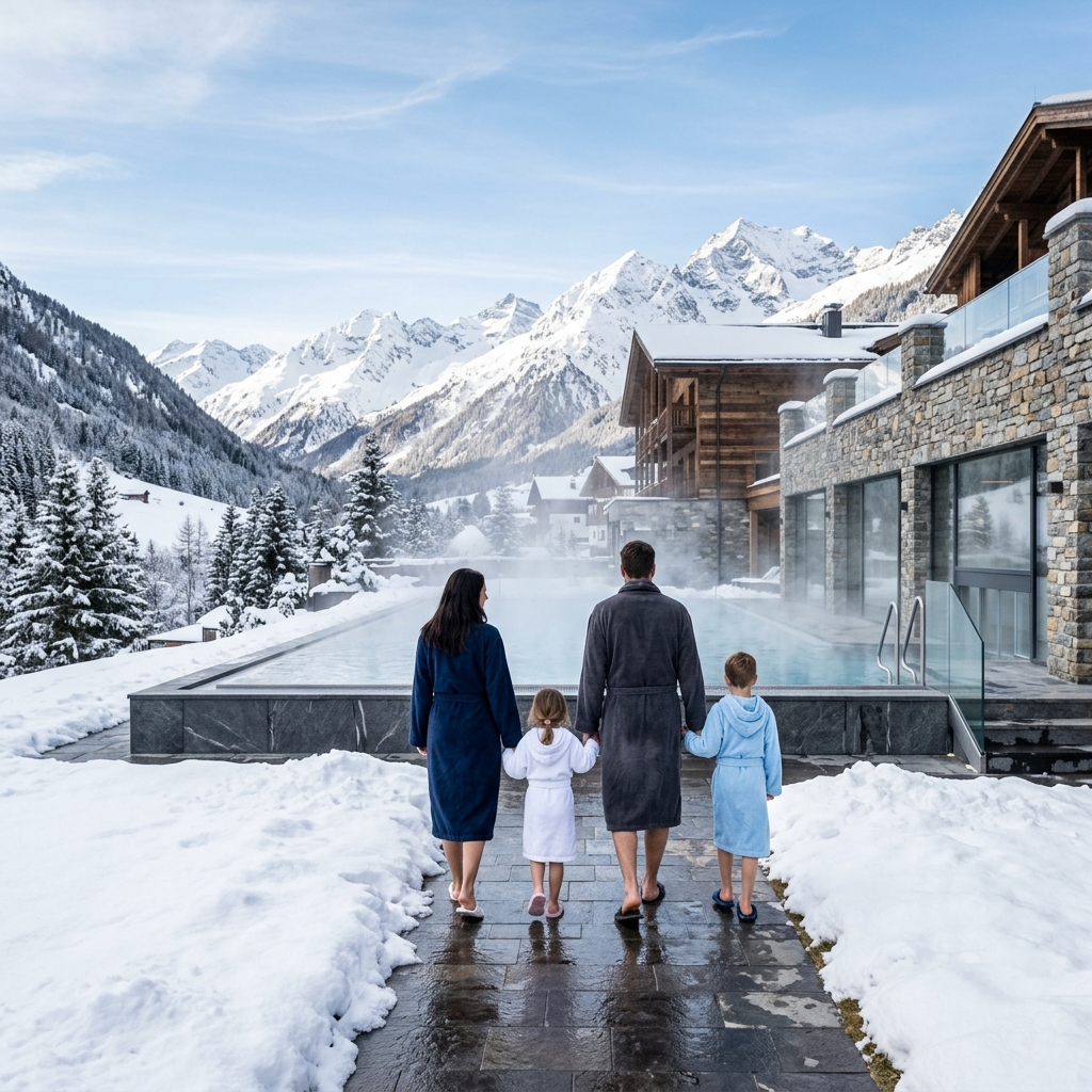 Famiglia vista di spalle che si dirige verso una piscina esterna riscaldata di un lussuoso resort alpino, circondata da neve e montagne in Val Ridanna.