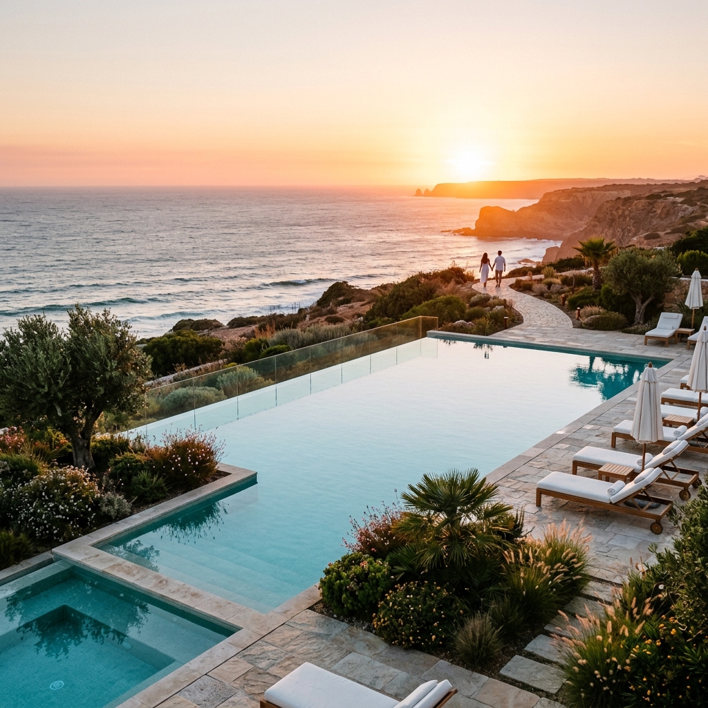 Piscina a sfioro di un resort di lusso in Algarve con vista sull'oceano al tramonto e lettini eleganti. (Immagine generata con IA)
