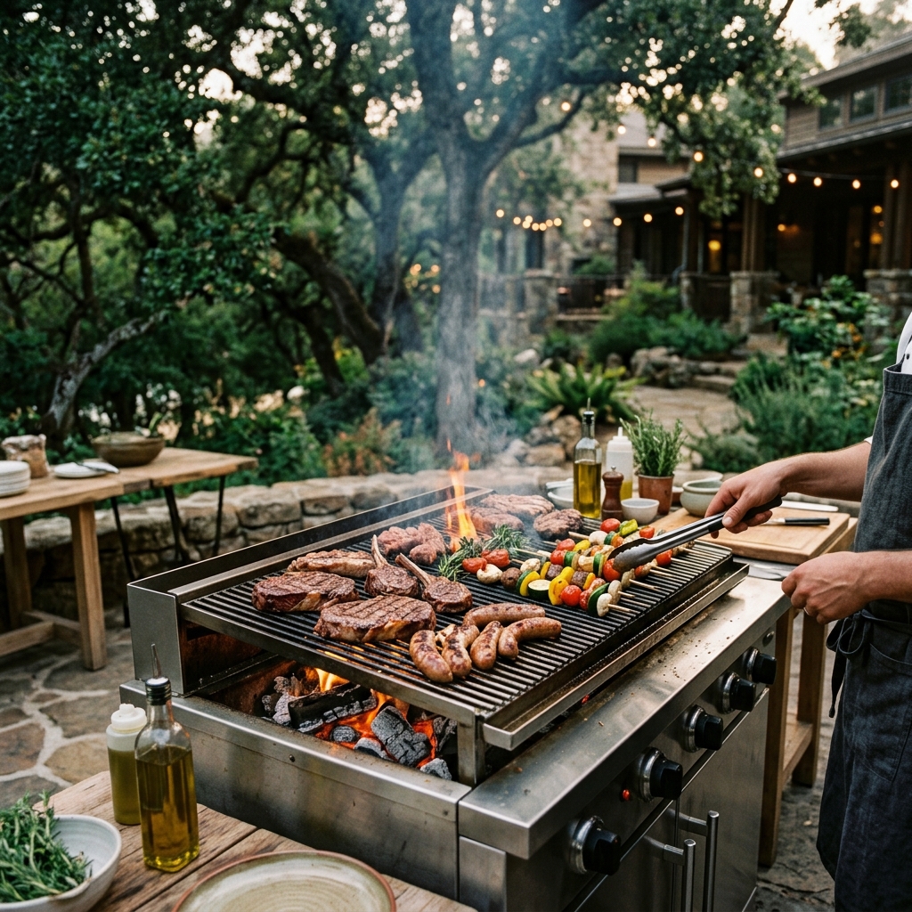 Griglia moderna all'aperto con carne e verdure gourmet in un lussureggiante giardino di un bio resort al tramonto.