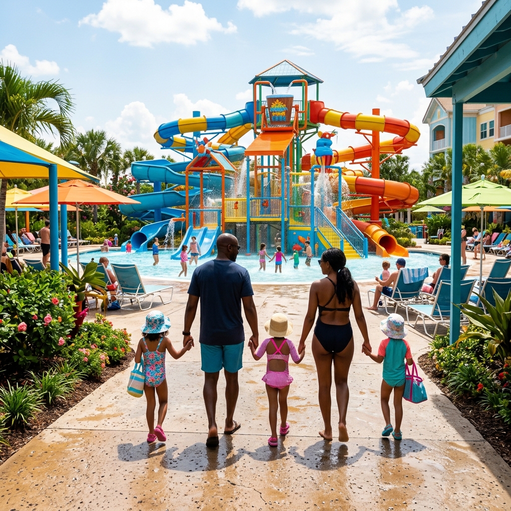 Famiglia vista di spalle che cammina gioiosamente in un colorato resort per bambini con giochi d'acqua e attrazioni a tema.