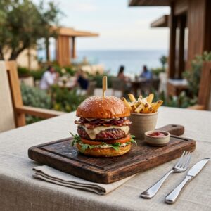 Un hamburger gourmet elegantemente impiattato su un tagliere di legno, su un tavolo all'aperto di un lussuoso resort.
