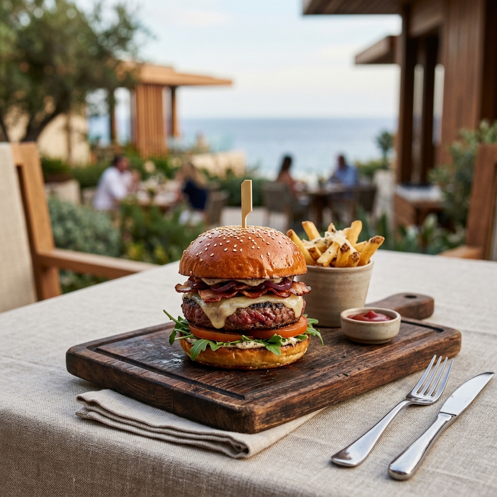 Un hamburger gourmet elegantemente impiattato su un tagliere di legno, su un tavolo all'aperto di un lussuoso resort.