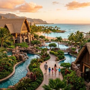 Vista panoramica dell'Aulani, A Disney Resort & Spa a Ko Olina, Hawaii, con le sue piscine e giardini tropicali, e una famiglia di spalle in lontananza.