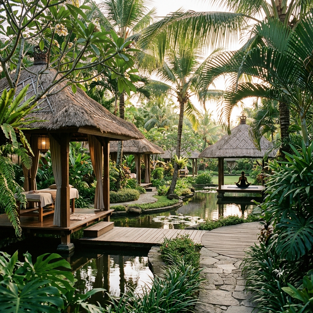 Un'area spa di lusso all'aperto con gazebo per massaggi immersi in un giardino tropicale con giochi d'acqua, un'oasi di benessere al InterContinental Phuket Resort.