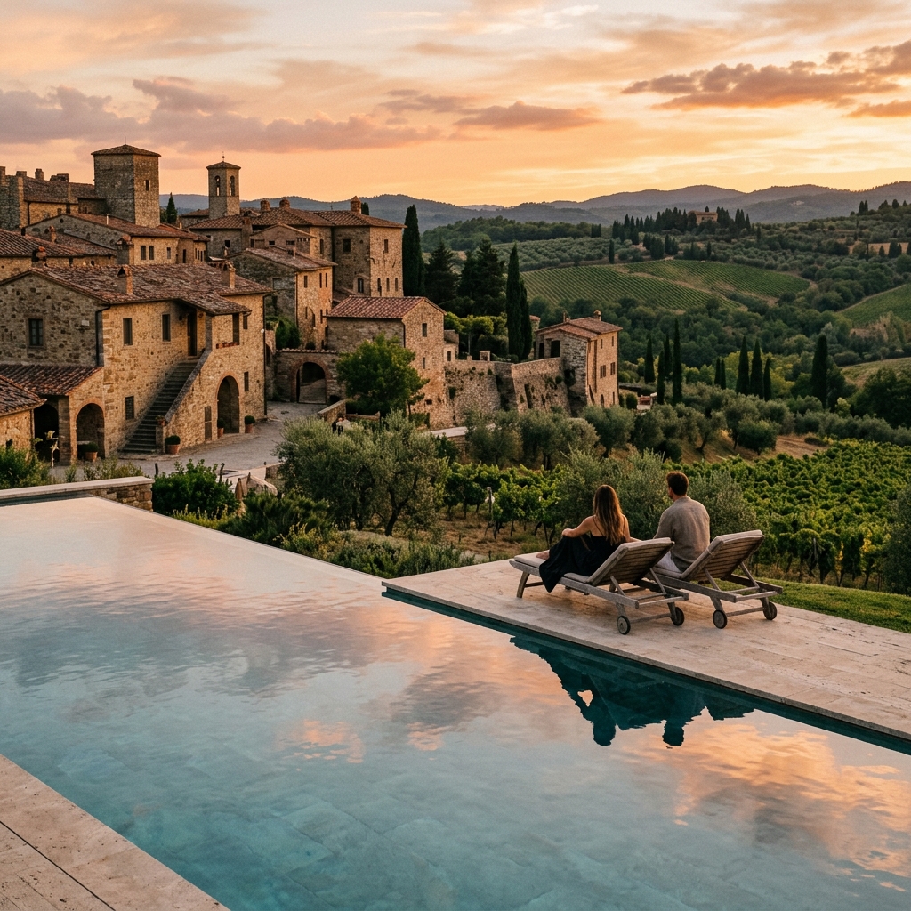 Vista aerea di un borgo medievale restaurato nel Chianti, con tetti in terracotta e circondato da vigneti, al tramonto.