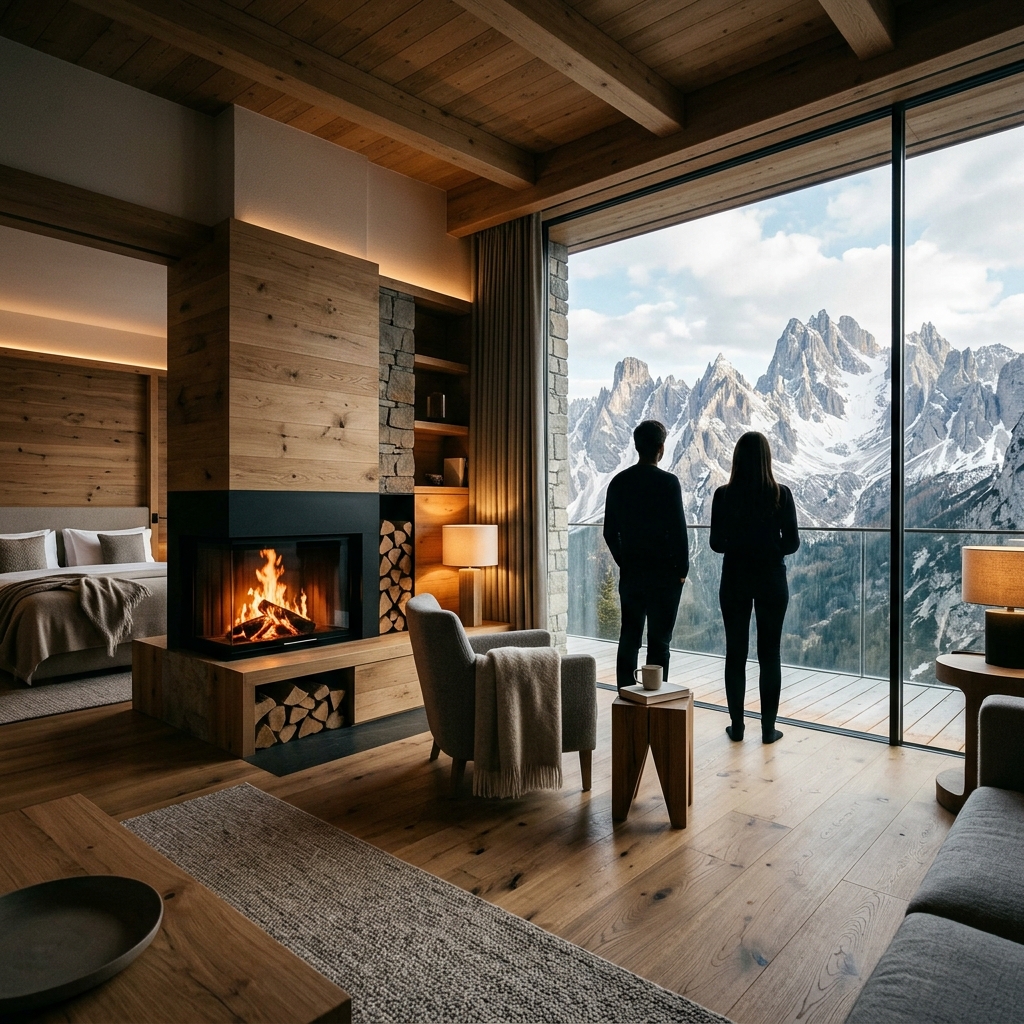 Interno di una lussuosa suite del Ganis Resort con ampia finestra panoramica sulle Dolomiti innevate.