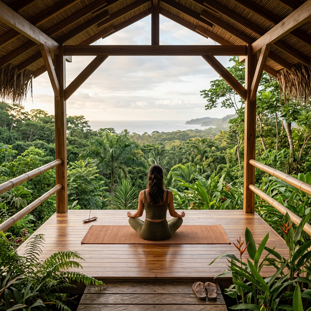 Un padiglione per la meditazione o lo yoga immerso nella lussureggiante foresta pluviale di un resort wellness in Costa Rica, con una persona vista di spalle.