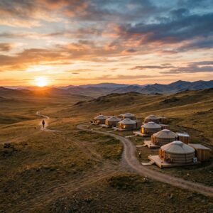 Panorama di un lussuoso resort in stile glamping con tende a yurta moderne nella vasta steppa mongola al tramonto, con una persona in lontananza. (Immagine generata con IA)