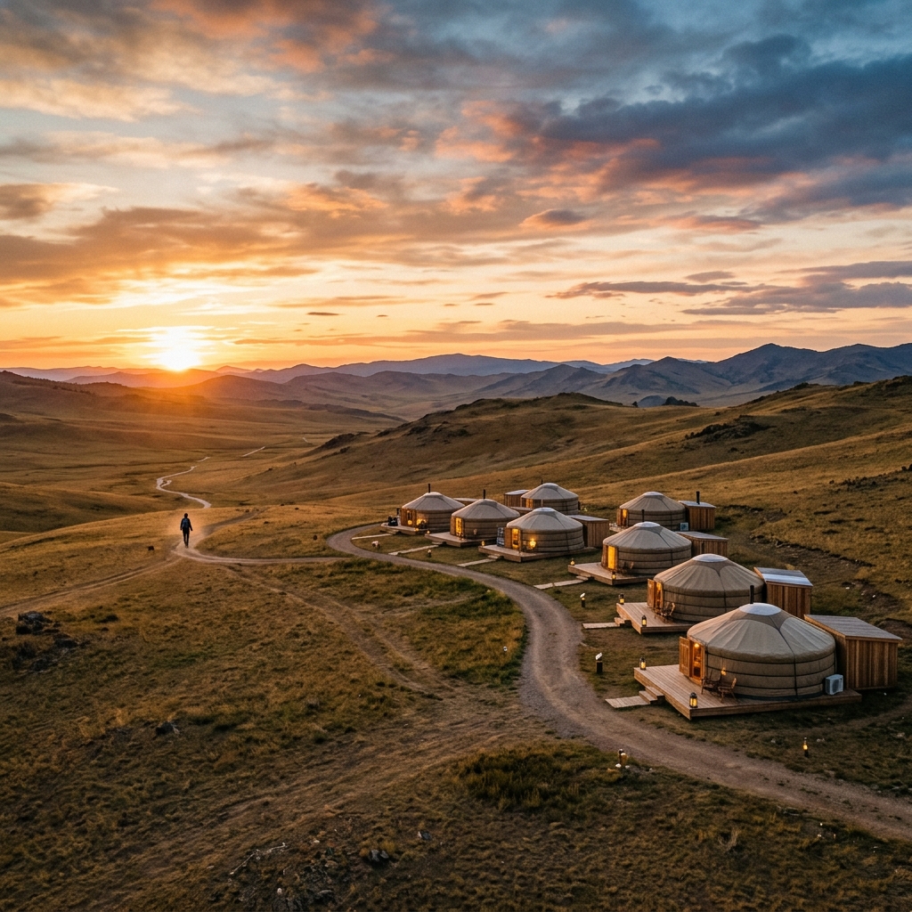 Panorama di un lussuoso resort in stile glamping con tende a yurta moderne nella vasta steppa mongola al tramonto, con una persona in lontananza. (Immagine generata con IA)