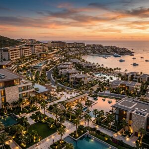 Architettura elegante e lussureggiante paesaggio di un grande resort al tramonto, simbolo dell'espansione nel settore dell'ospitalità.