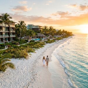 Coppia vista di spalle che passeggia su una spiaggia di sabbia bianca davanti a un lussuoso resort all-inclusive in Florida, Stati Uniti.