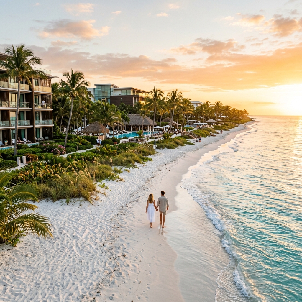Coppia vista di spalle che passeggia su una spiaggia di sabbia bianca davanti a un lussuoso resort all-inclusive in Florida, Stati Uniti.