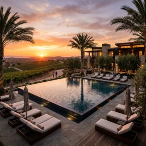 Piscina di lusso di un resort al tramonto, con sedie a sdraio e palme, che si affaccia su vigneti nella Valle di Temecula, in California.