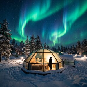 Resort di lusso con igloo di vetro in Lapponia finlandese sotto l'aurora boreale, con una persona che osserva il cielo.