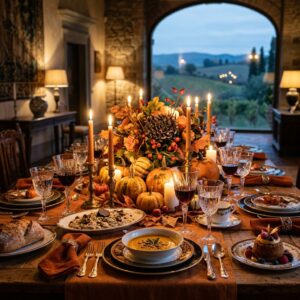 Tavola elegantemente imbandita con decorazioni autunnali e candele in un lussuoso ristorante di un resort toscano, con una vista sfocata sulle colline. (Immagine generata con IA)