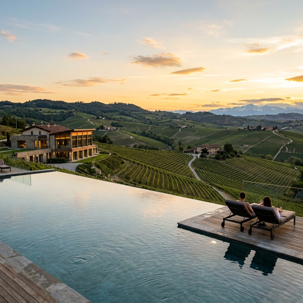 Piscina a sfioro di un resort di lusso con vista sui vigneti delle Langhe, con una coppia in lontananza.