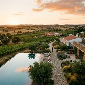 Piscina a sfioro di un lussuoso resort in Alentejo, Portogallo, con architettura elegante e paesaggio collinare di uliveti e vigneti sullo sfondo al tramonto. (Immagine generata con IA)