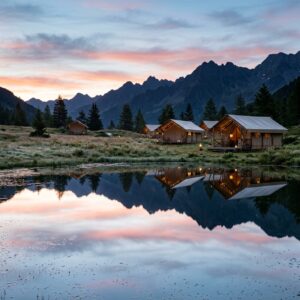 Riflessi di tende da glamping di lusso sull'acqua calma di un laghetto alpino o di un campo rugiadoso nella Valtellina all'alba, con sfumature rosa e blu del cielo mattutino e sagome di montagne in lontananza.