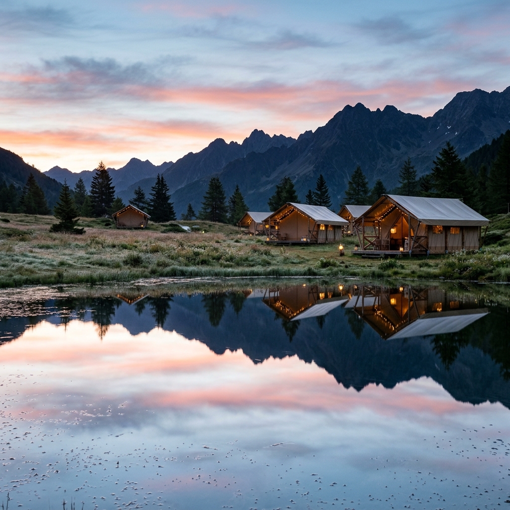 Riflessi di tende da glamping di lusso sull'acqua calma di un laghetto alpino o di un campo rugiadoso nella Valtellina all'alba, con sfumature rosa e blu del cielo mattutino e sagome di montagne in lontananza.