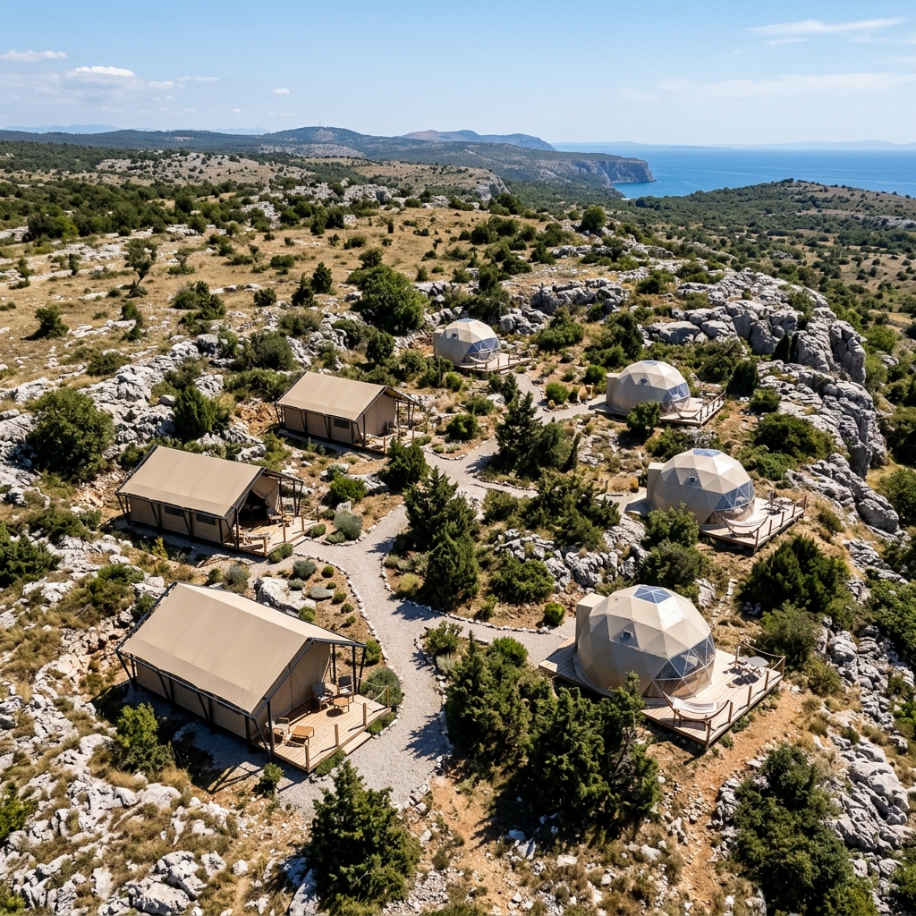 Vista aerea con drone di lussuose tende da glamping sparse su un altopiano carsico italiano, circondate da macchia mediterranea e rocce calcaree sotto un sole splendente, con il mare Adriatico all'orizzonte.