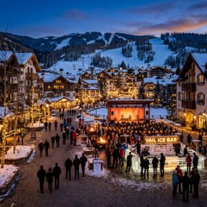 Veduta paesaggistica grandangolare del villaggio di Vail durante l'ora blu, con le luci artificiali eleganti che illuminano l'area esterna del Vail Ice Bar, suggerendo un evento musicale serale.