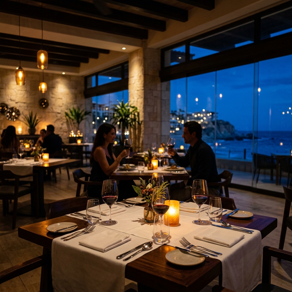 Interno elegante di un ristorante di lusso al Corazón Cabo Resort & Spa, con luci soffuse notturne e un'atmosfera raffinata, ideale per cene esclusive. (Immagine generata con IA)