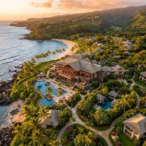 Veduta aerea al tramonto del lussuoso Sheraton Maui Resort & Spa, con le sue eleganti architetture immerse nel paesaggio tropicale di Maui, Hawaii. Luci calde e ombre lunghe accarezzano gli edifici. (Immagine generata con IA)